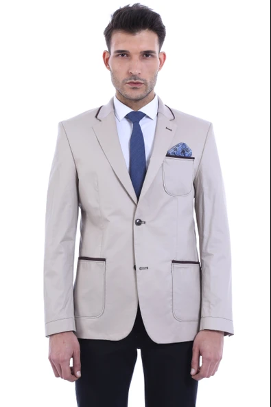 Çift Düğmeli Cepli Erkek Krem Ceket- Wessi ürün görseli 1