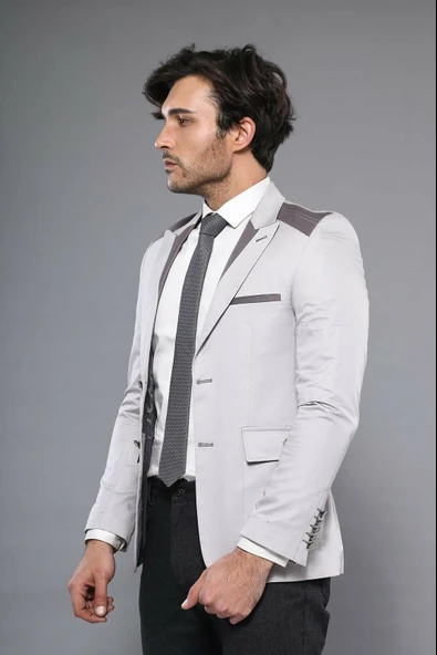 Çift Düğmeli Cepli Omuz Detaylı Bej Erkek Ceket - Wessi - Resim 3