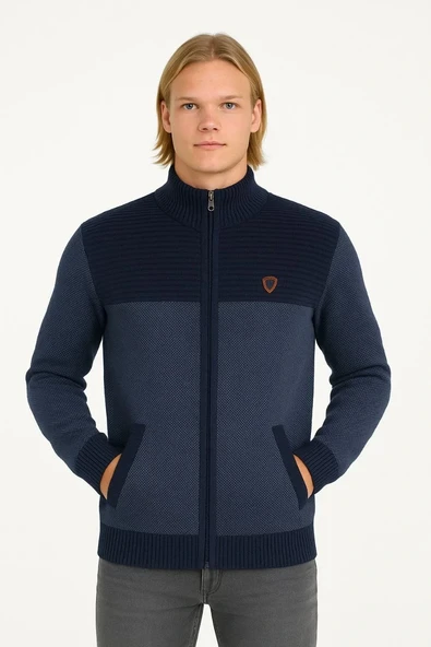 Erkek Fermuarlı Triko Hırka Yüksek Yaka, Cepli, Günlük Şık Rahat Kalıp Triko - Lacivert ürün görseli 1