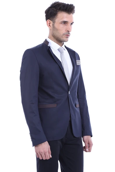 Tek Düğmeli Dik Yaka Lacivert Erkek Ceket - Wessi - Resim 2