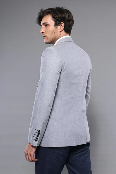 Çift Düğmeli Mono Yaka Armalı Açık Gri Ceket -Wessi - Resim 4