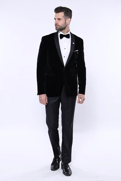 Düz Siyah Velvet Ceket | Wessi - Resim 10