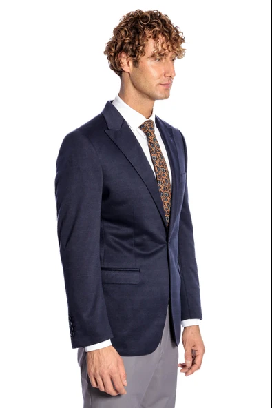 Lacivert Düz Slim Fit Erkek Ceket  - Wessi - Resim 4