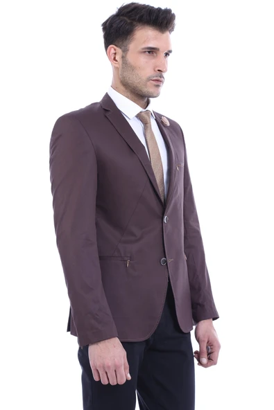 2 Düğmeli Cepleri Fermuarlı Erkek Kahverengi Ceket - Wessi - Resim 2