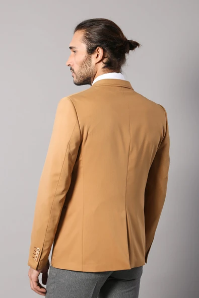 Çift Düğmeli Omuz Parçalı Mono Yaka  Sarı Ceket - Wessi - Resim 3