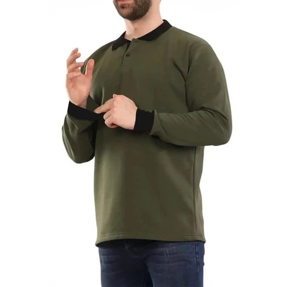 Haki Yeşil Çift Renkli Kışlık Polo Yaka Sweatshirt Siyah Yakalı ürün görseli 1