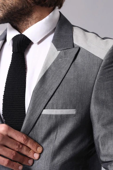 2 Düğmeli Cepli Sivri Yaka Gri Ceket - Wessi - Resim 2