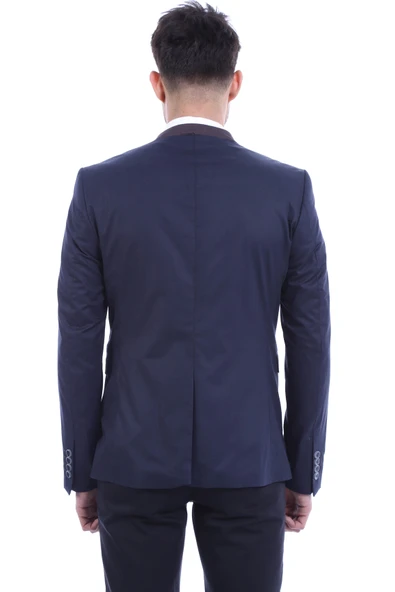 Tek Düğmeli Dik Yaka Lacivert Erkek Ceket - Wessi - Resim 3