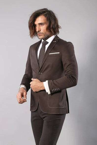 Çift Düğmeli Cepli Kahverengi Erkek Ceket -Wessi ürün görseli 1