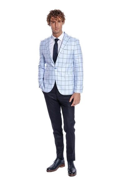 Kare Desenli Slim Fit Açık Mavi Erkek Ceket - Wessi - Resim 3