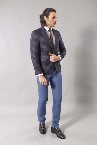 Kruvaze Ekose Desenli Bordo Erkek Ceket  - Wessi - Resim 3