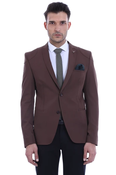 2 Düğmeli Omuzları Nakışlı Pamuk Erkek Kahverengi Ceket -Wessi ürün görseli 1