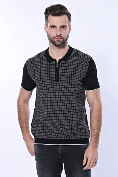 Polo Yaka Siyah Desenli Fermuarlı Örme T-shirt | Wessi - Resim 2