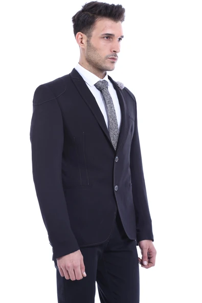 2 Düğmeli Omuzları Nakışlı Pamuk Erkek Siyah Ceket -Wessi - Resim 3