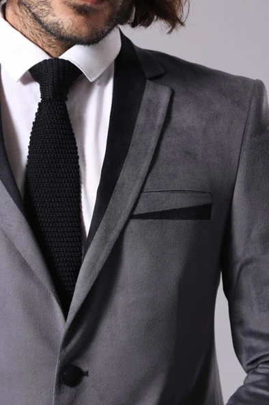 2 Düğmeli Cepli Biyeli Kadife Koyu Gri Ceket - Wessi - Resim 6