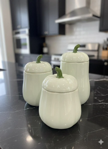 YEŞİL 3'LÜ KAPAKLI BAL KABAK KAVANOZ SETİ PUMPKIN SERİSİ SERAMİK 500, 750 ve 1000 ML - Resim 3