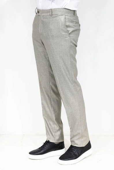 Dar Kesim Kendinden Desenli Krem Erkek Kumaş Pantolon - Wessi - Resim 4