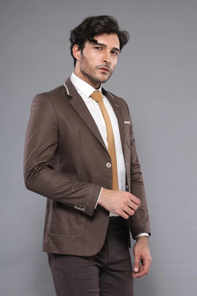 Çift Düğmeli Cepli Erkek Kahverengi Ceket- Wessi ürün görseli 1