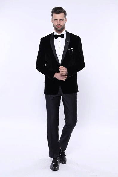 Düz Siyah Velvet Ceket | Wessi - Resim 4