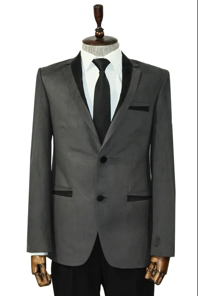 2 Düğmeli Cepli Biyeli Kadife Antrasit Ceket - Wessi ürün görseli 1