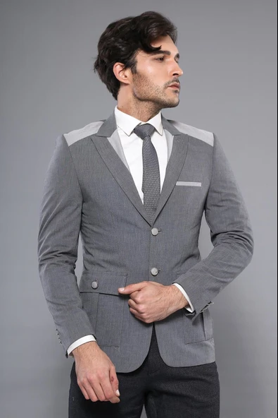 Çift Düğmeli Cepli Sivri Yaka Gri Erkek Ceket - Wessi ürün görseli 1