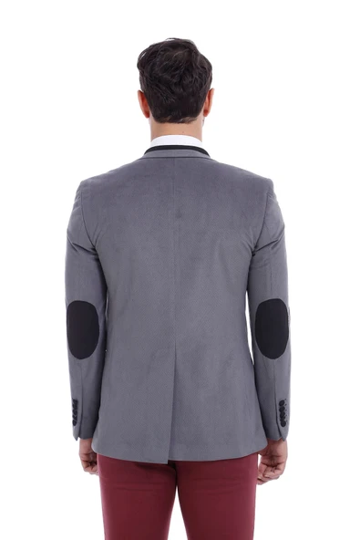 2 Düğmeli Cepli Biyeli Kadife Açık Gri Ceket - Wessi - Resim 3