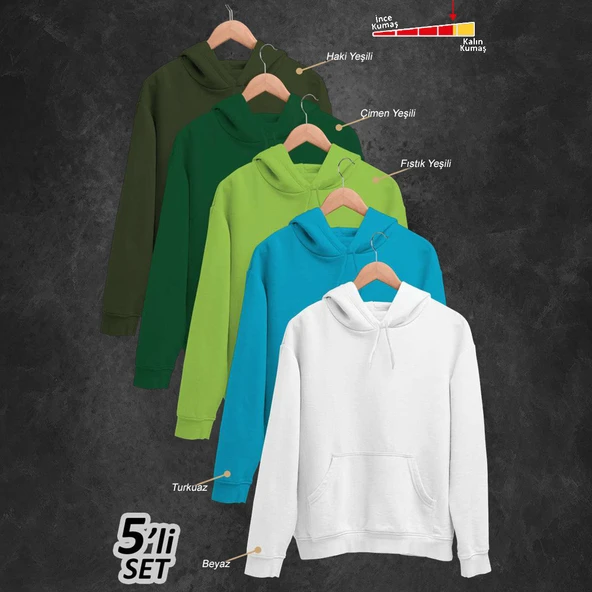 5'li Kışlık Unisex Kapşonlu Sweatshirt Seti (Siyah, Haki Yeşil, Bordo, Mor, Buz Mavi) ürün görseli 1