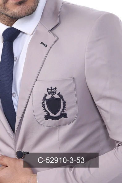 2 Düğmeli 3 Cepli Armalı Pamuk Erkek Bej Ceket - Wessi - Resim 4