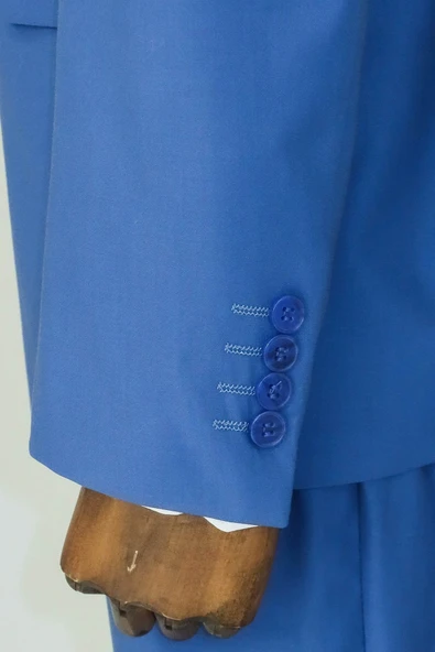 Geniş Sivri Yakalı Slim Fit Mavi Erkek Kruvaze Takım Elbise - Wessi - Resim 6