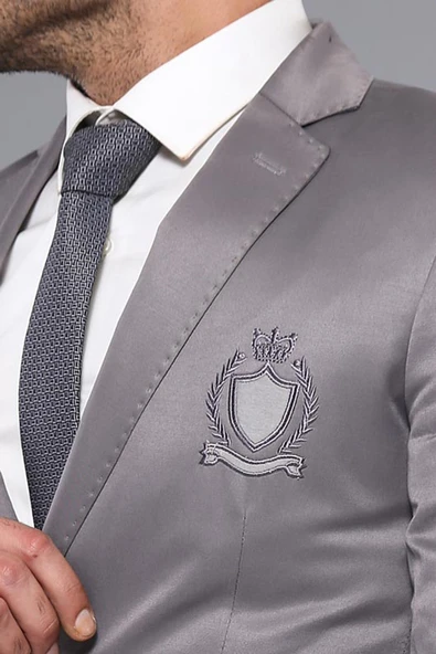 Çift Düğmeli Mono Yaka Armalı Füme Gri Ceket -Wessi - Resim 2