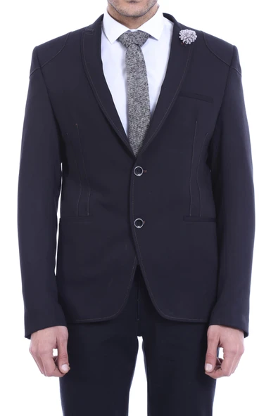 2 Düğmeli Omuzları Nakışlı Pamuk Erkek Siyah Ceket -Wessi ürün görseli 1