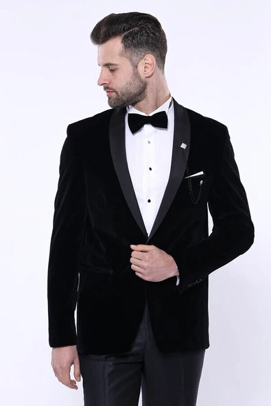 Düz Siyah Velvet Ceket | Wessi - Resim 5