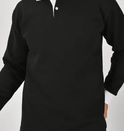 Siyah Çift Renkli Kışlık Polo Yaka Sweatshirt Beyaz Yakalı - Resim 3