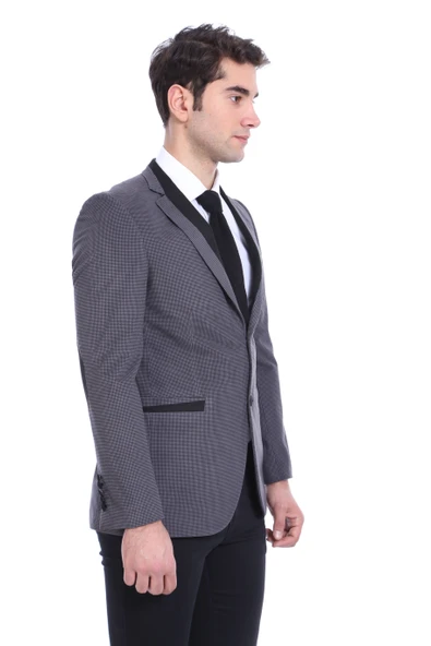 2 Düğmeli Cepli Biyeli Kadife Antrasit Ceket - Wessi - Resim 6