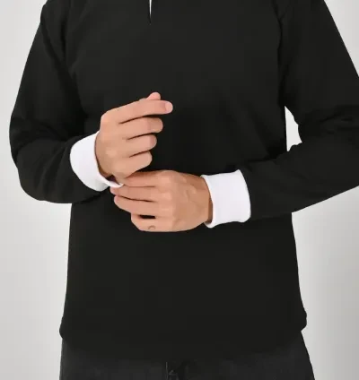 Siyah Çift Renkli Kışlık Polo Yaka Sweatshirt Beyaz Yakalı - Resim 4