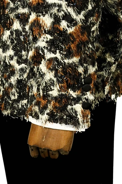 Saçaklı Leopar Desenli Erkek Siyah - Beyaz Balo Ceket - Wessi - Resim 2