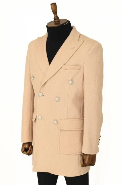 Metal Düğmeli Yün Kaşe Krem Erkek Kruvaze Kaban - Wessi - Resim 3