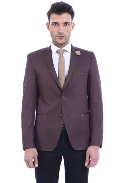 2 Düğmeli Cepleri Fermuarlı Erkek Kahverengi Ceket - Wessi ürün görseli 1