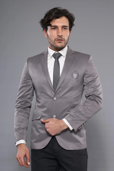 Çift Düğmeli Mono Yaka Armalı Füme Gri Ceket -Wessi - Resim 3