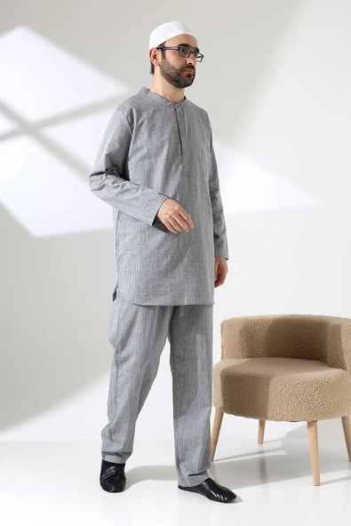 Erkek Tek Cepli Gömlek Pantolon İkili Takım Hac ve Umre Kıyafeti Gri (Vşn) - Resim 4