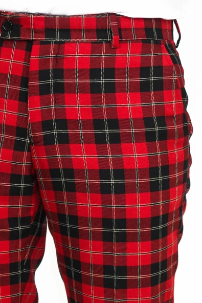 Dar Kesim Ekose Desenli Bordo Erkek Pantolon - Wessi - Resim 2