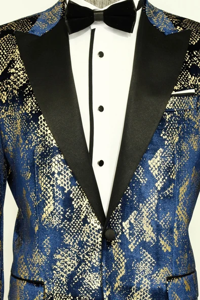 Dik Yaka Slim Fit Altın Desenli Lacivert Erkek Balo Ceket - Wessi - Resim 2