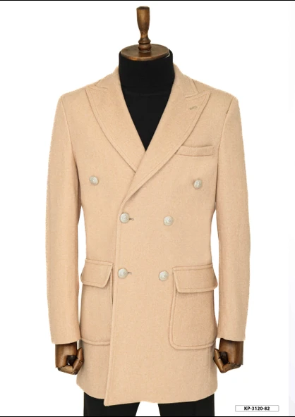 Metal Düğmeli Yün Kaşe Krem Erkek Kruvaze Kaban - Wessi ürün görseli 1