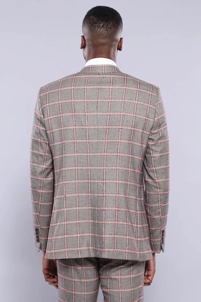 Ekose Desenli Slim Fit Gri Erkek Ceket - Wessi - Resim 6