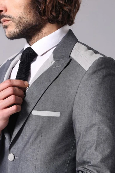 Çift Düğmeli Cepli Sivri Yaka Antrasit Erkek Ceket - Wessi - Resim 2