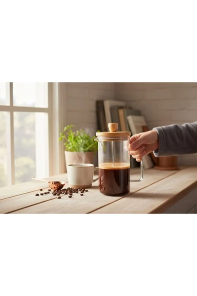 Gül Çelik Bambu Kapaklı French Bitki Çayı , Kahve Pressi Plastik 1000 ml - Resim 4