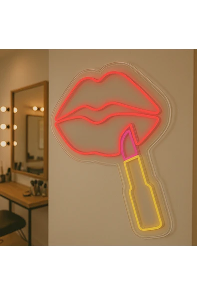 Magnetfoto Ruj ve Dudak Figürlü Neon LED Tabela - Kuaför & Makyaj Stüdyosu Dekoru - 60x70 - Resim 2