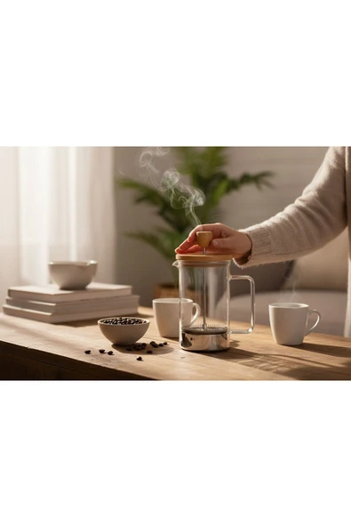 Gül Çelik Bambu Cam French Press 600 ML Borosilikat Isıya Dayanıklı - Resim 2