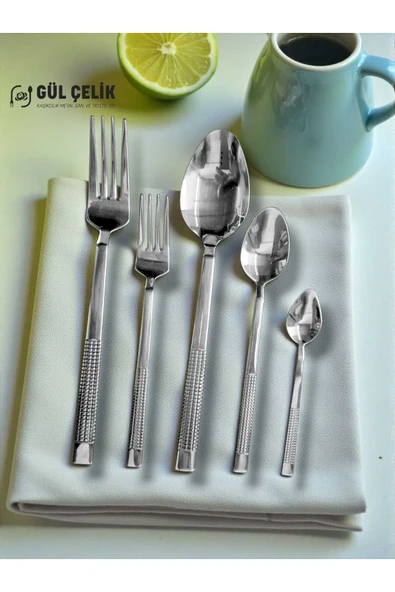Gül Çelik Çatal Kaşık Seti 30 Parça 6 Kişilik Hasır Model 18/0 Kalite ürün görseli 1