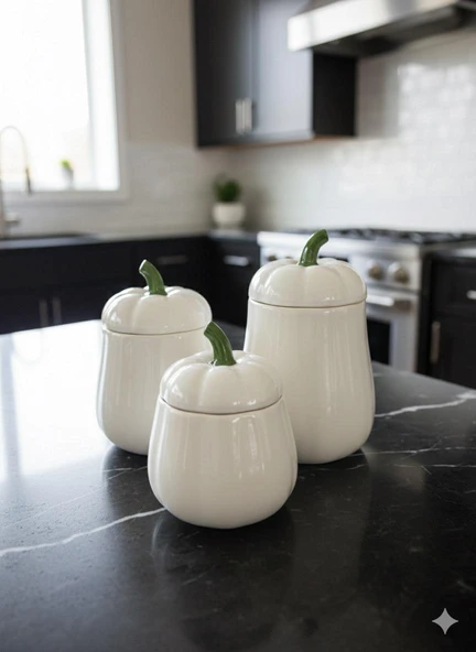 3'LÜ KAPAKLI BAL KABAK KAVANOZ SETİ BEYAZ PUMPKIN SERİSİ SERAMİK 500, 750 ve 1000 ML - Resim 4